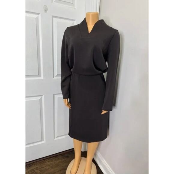 OGL Elevated V-Neck Midi Dress L Gray Long Sleeve Cinched Softtrine NWT - Picture 3 of 10